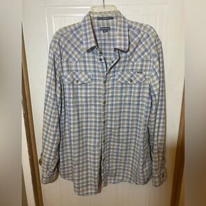 Eddie Bauer Blue and Yellow Flannel Snap Button Shirt 100% Cotton L